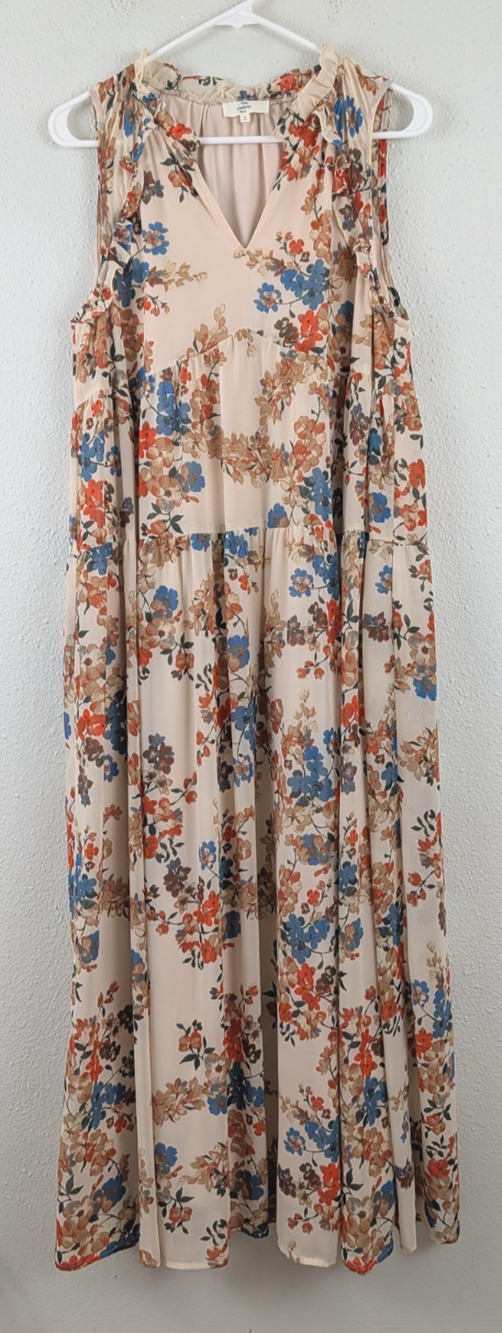 Entro sz S Maxi Dress sleeveless tank ruffly v-neck floral lined 2521